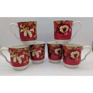 222 Fifth Lutece Fleur Rouge Coffee Mugs Set of Six Maroon Tropical Flowers